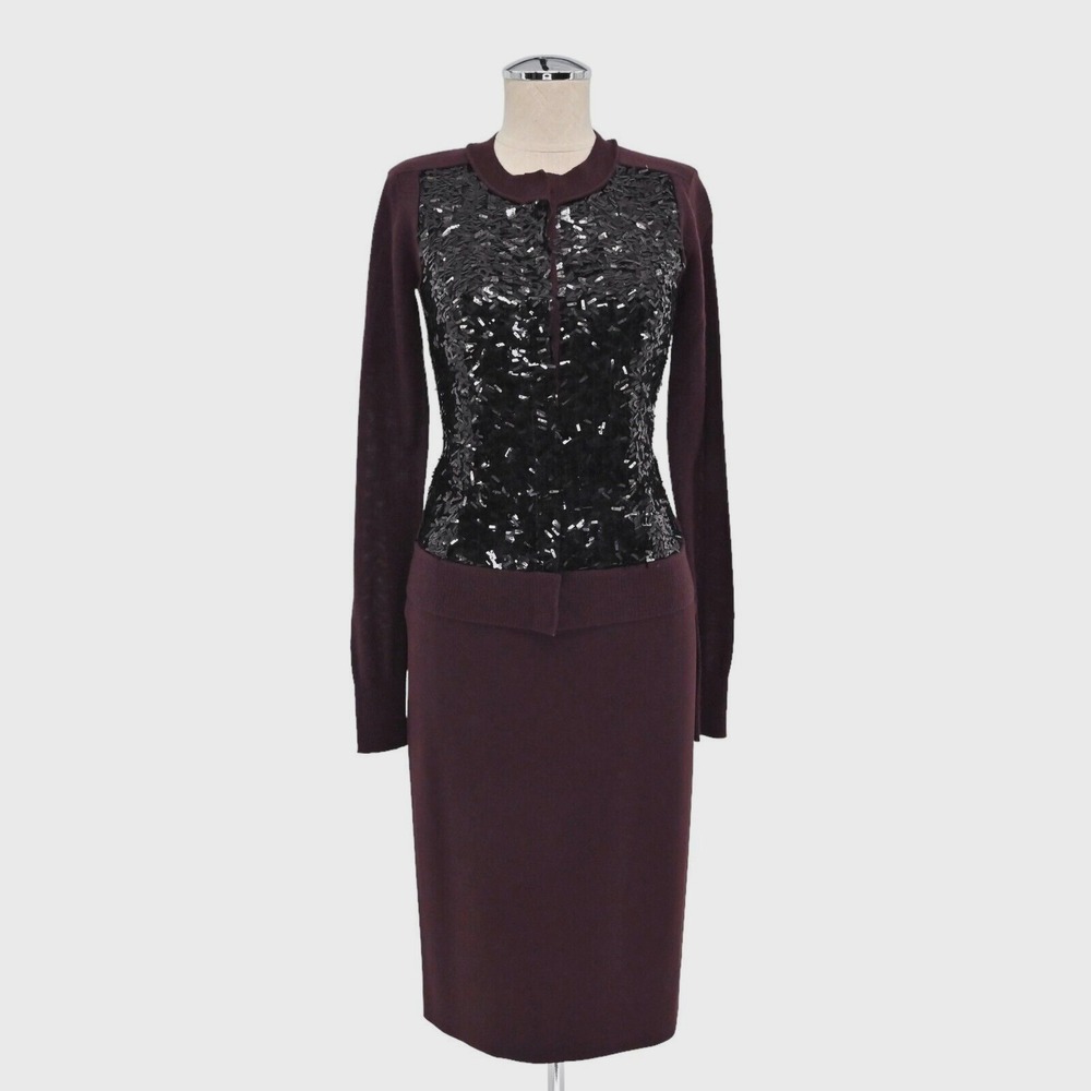 Diane von Furstenberg Sequin Sweater Skirt Set Womens Size 0 Burgundy Glam Wool